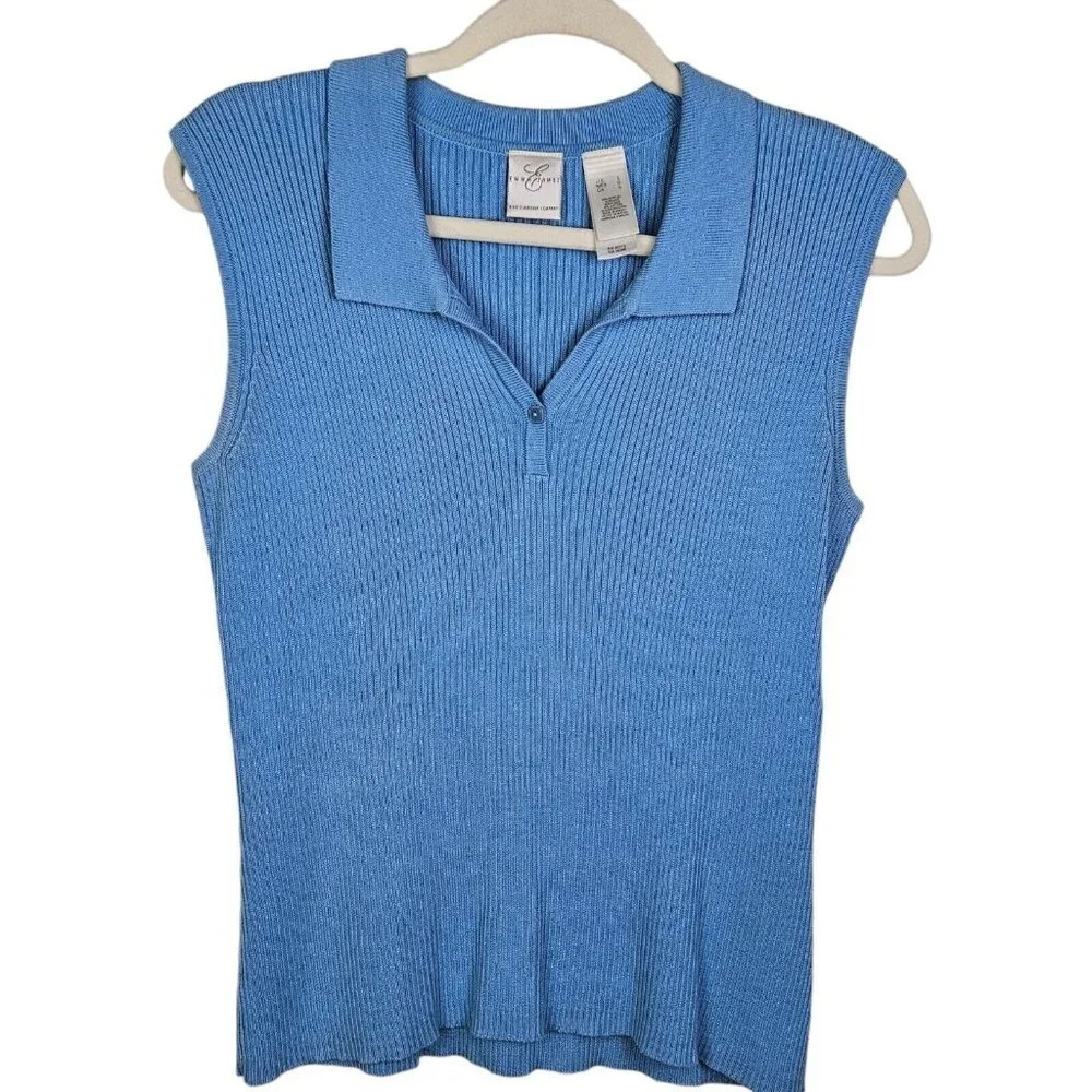 Emma James Blue Sleeveless Collared Top‎ Ribbed Sweater Pullover Size Large